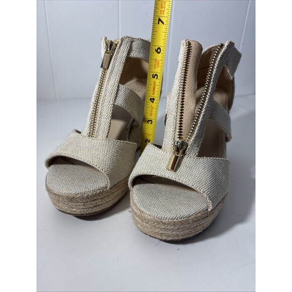 Wedge Platform Sandals Nude Tan Peep Toe Espadrille Dressy Gold Zip Sz 7 NWOT - Picture 9 of 16